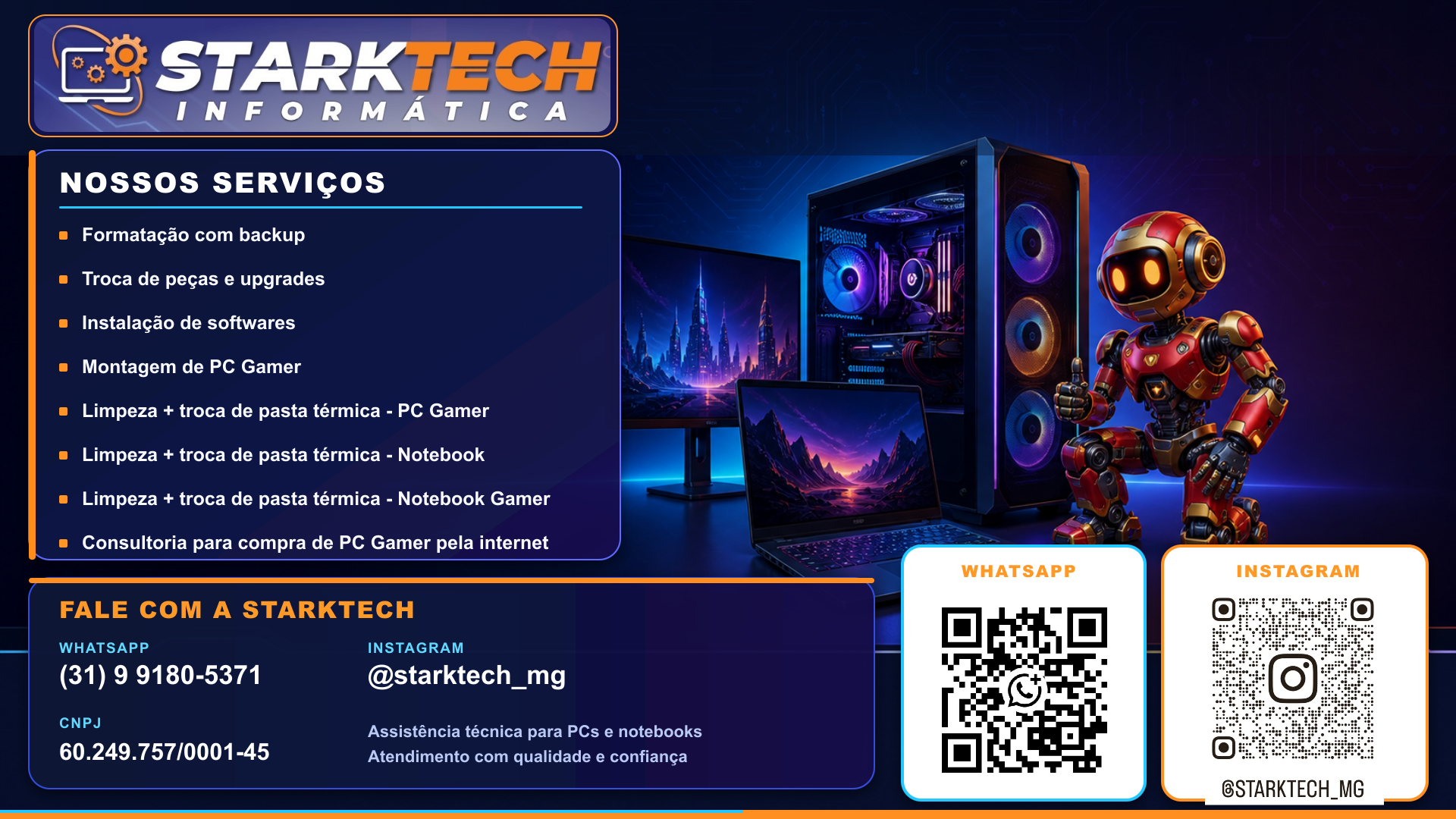 Banner Stark Tech MG com serviços, WhatsApp, Instagram e QR codes