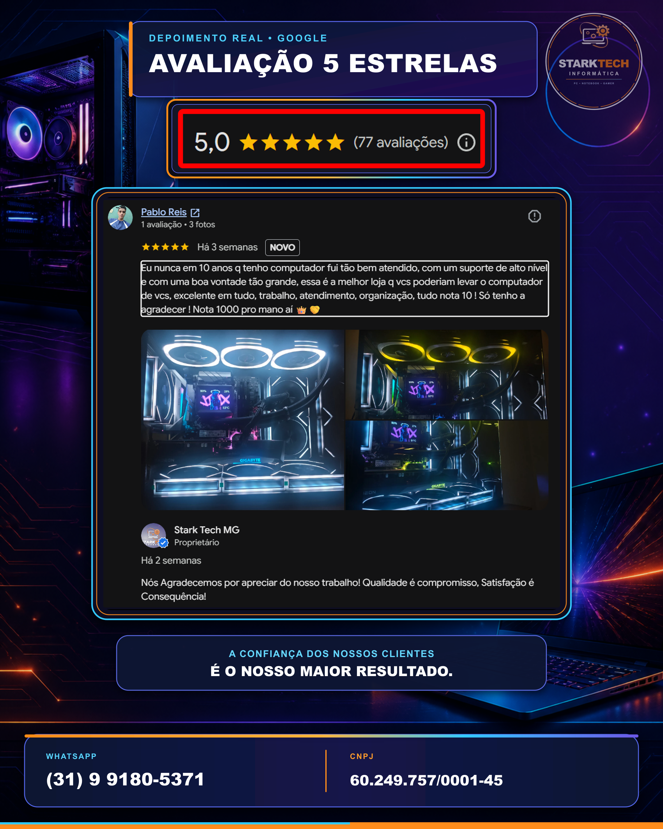 Avaliação cinco estrelas recebida pela Stark Tech MG
